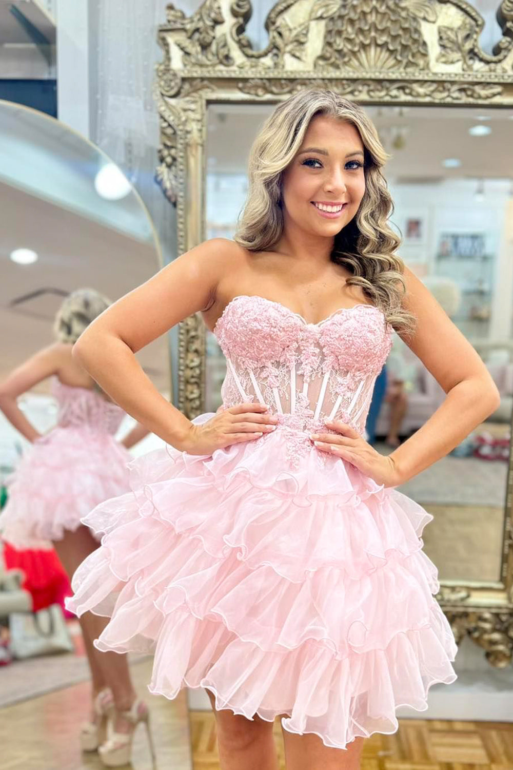 A-Line Sweetheart Light Pink Ruffle Tiered Short Homecoming Dresses VL24081303