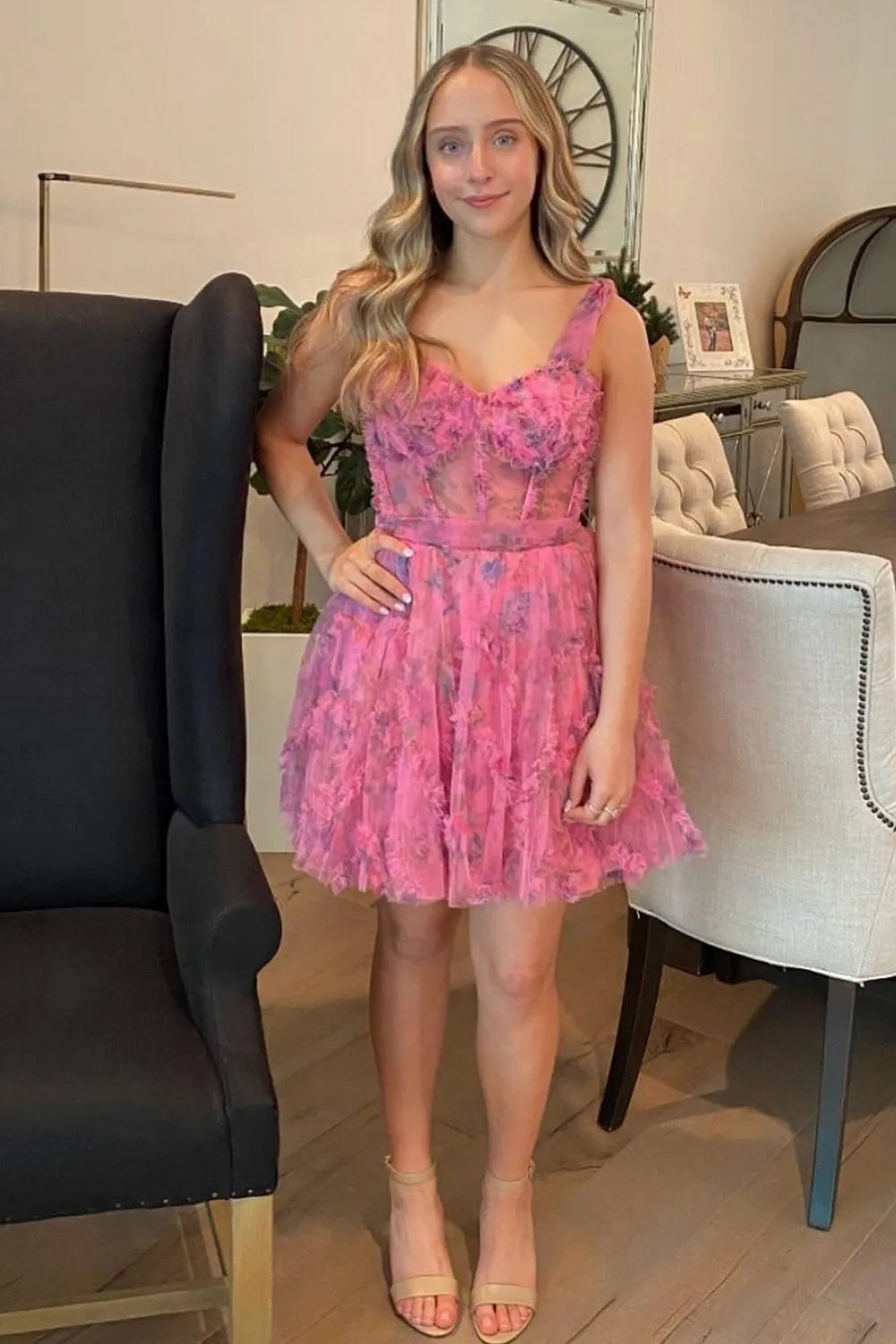 A-Line Sweetheart Pink Floral Print Short Homecoming Dresses VL24081507
