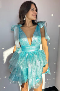 Light Blue V Neck Organza Short Homecoming Dresses with Ruffles VL24090906