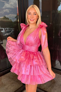 A-Line V Neck Pink Ruffle Tiered Short Homecoming Dresses VL24082803