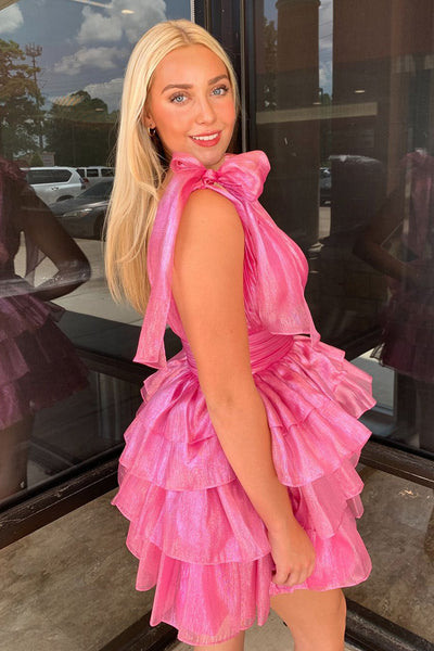 A-Line V Neck Pink Ruffle Tiered Short Homecoming Dresses VL24082803