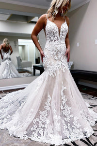 Dazzling Mermaid V Neck Tulle Lace Wedding Dresses with Appliques VL4070501