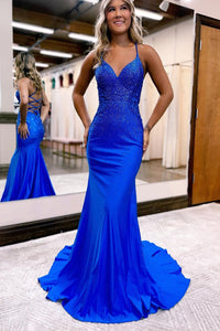 Cute Mermaid V Neck Royal Blue Satin Long Prom Dresses with Beading VL24101709