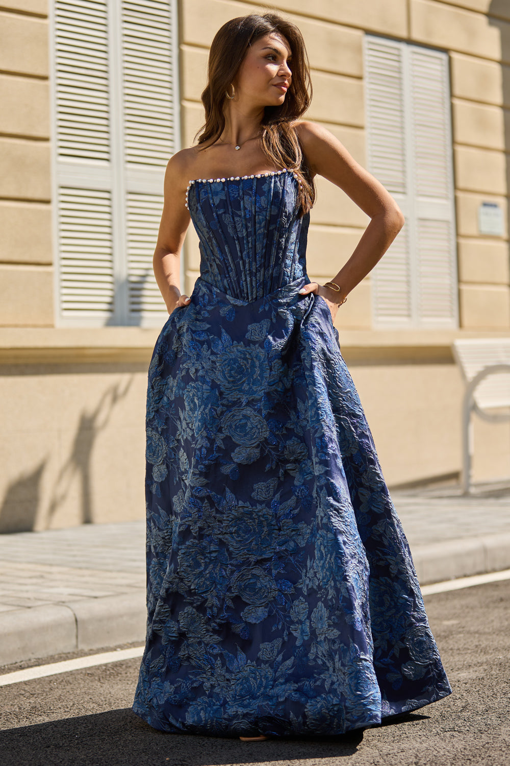 A Line Strapless Dark Navy Jacquard Satin with Pockets-1