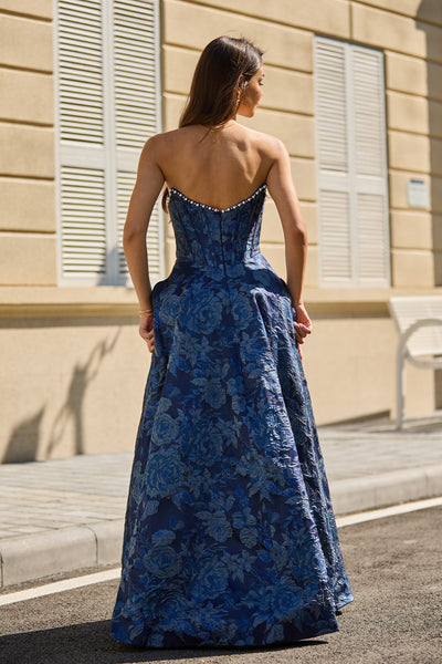 A Line Strapless Dark Navy Jacquard Satin with Pockets-2