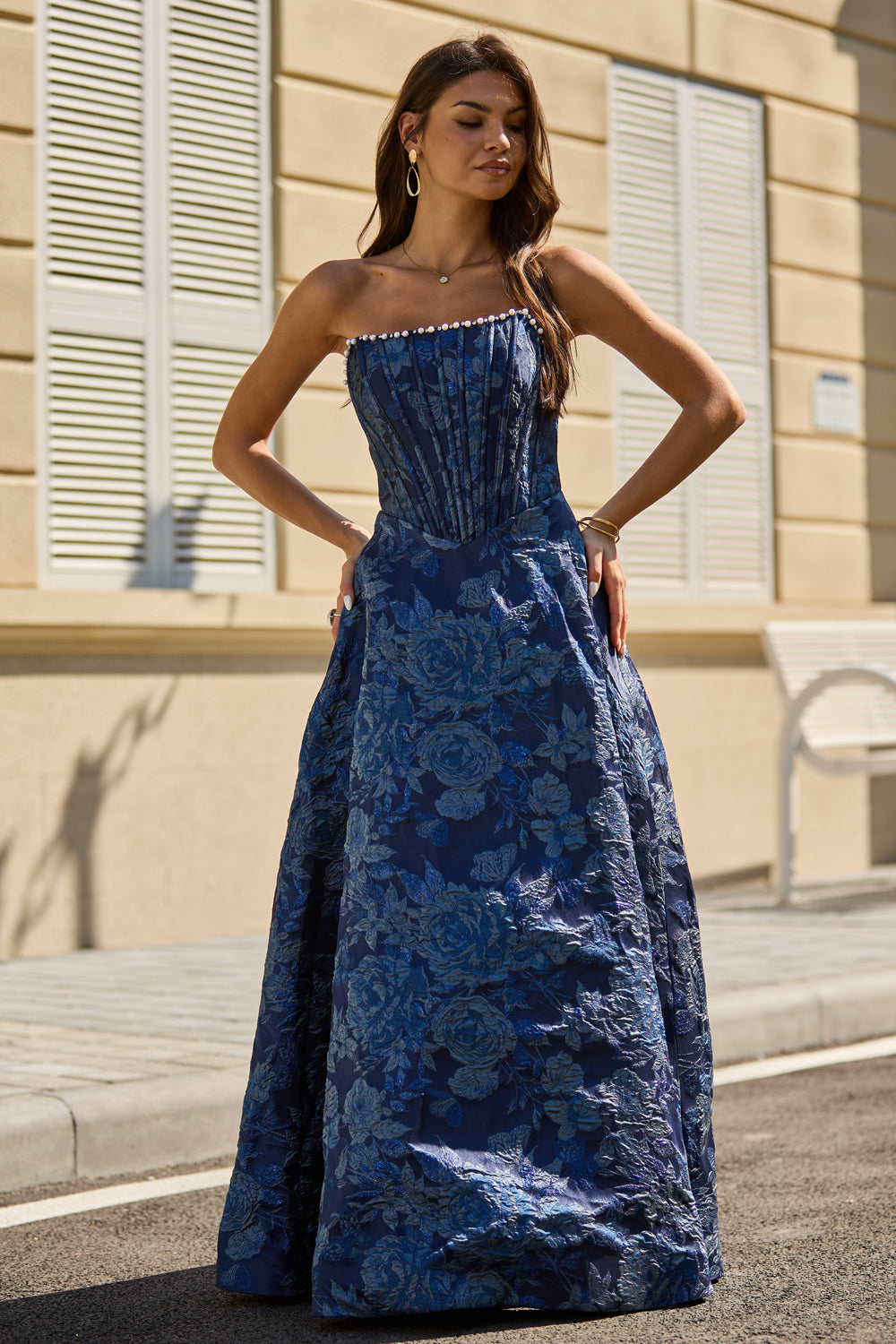 A Line Strapless Dark Navy Jacquard Satin with Pockets-3