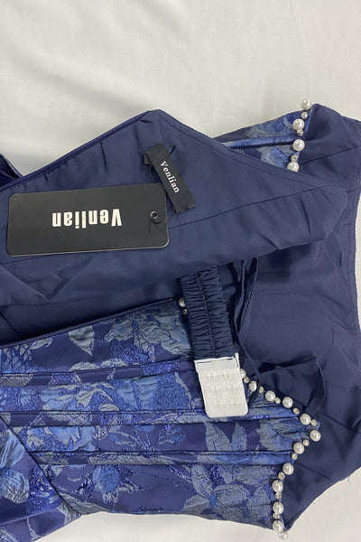 A Line Strapless Dark Navy Jacquard Satin with Pockets-6