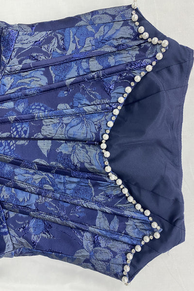 A Line Strapless Dark Navy Jacquard Satin with Pockets-7