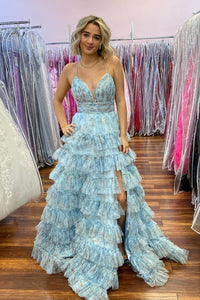 A Line V Neck Floral Printed Tulle Tiered Long Prom Dress with Slit VL25010210-1
