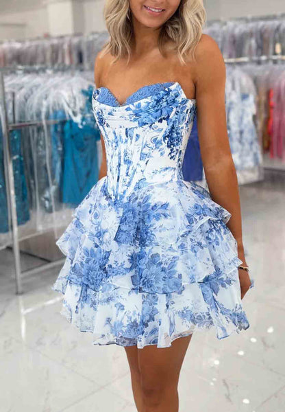 A Line Sweetheart Floral Chiffon Tiered Short Homecoming Dress VL1062102