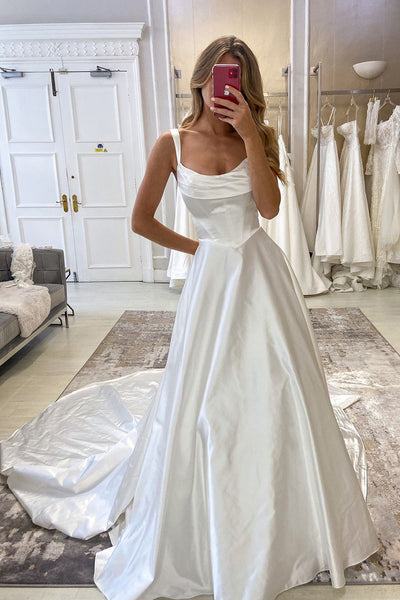 Ball Gown Square Neck Satin Wedding Dresses with Pockets VL24083012