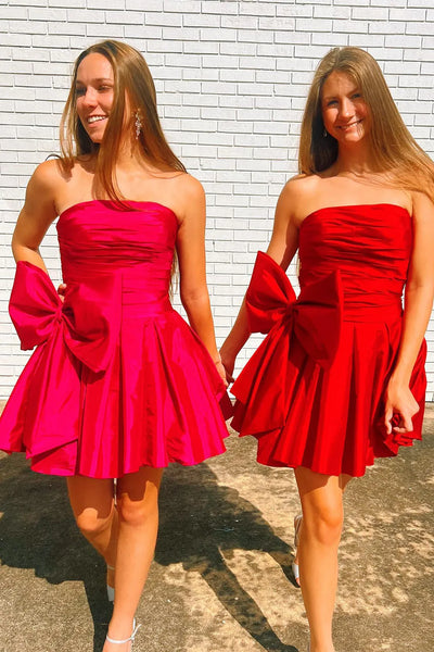Black A-Line Strapless Satin Short Homecoming Dresses with Bowknot VL24082405