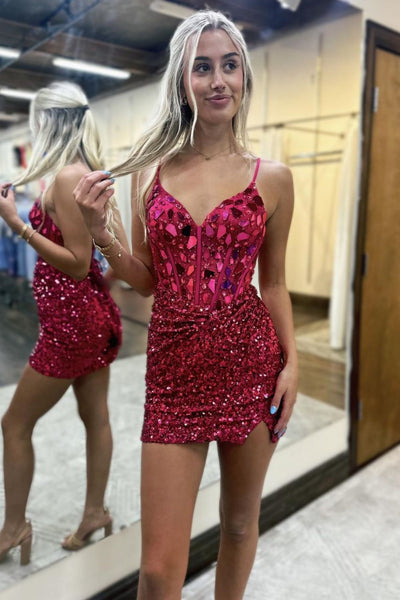 Black V Neck Sequins Tight Short Homecoming Dresses VL24082805
