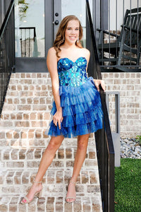 Blue Sweetheart Ruffle Tiered Glitter Tulle Short Homecoming Dresses VL24091103