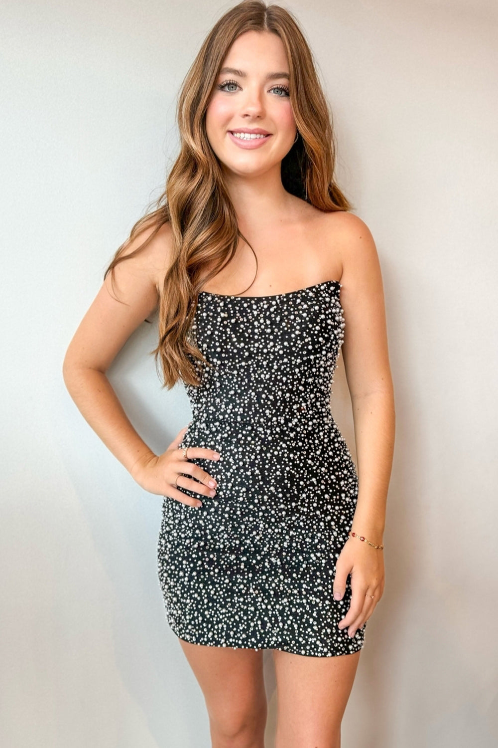 Bodycon Strapless Black Satin Short Homecoming Dresses with Beading VL24090708