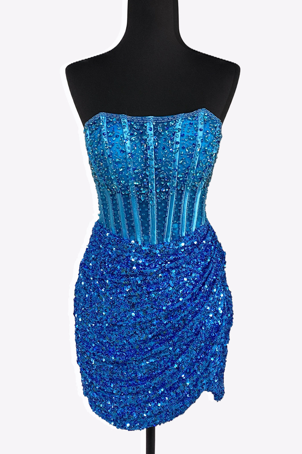 Bodycon Strapless Blue Sequins Short Homecoming Dresses with Beading VL24081404