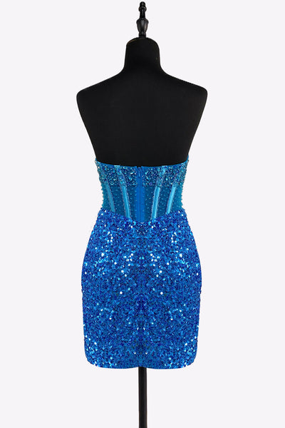 Bodycon Strapless Blue Sequins Short Homecoming Dresses with Beading VL24081404