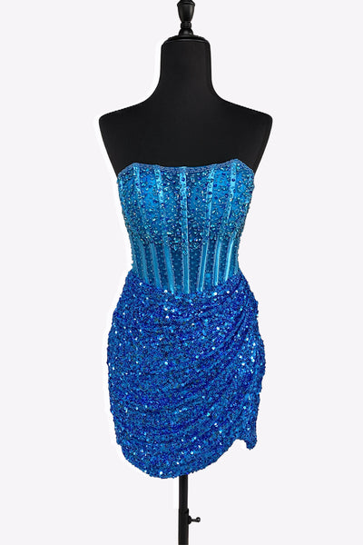 Bodycon Strapless Blue Sequins Short Homecoming Dresses with Beading VL24081404