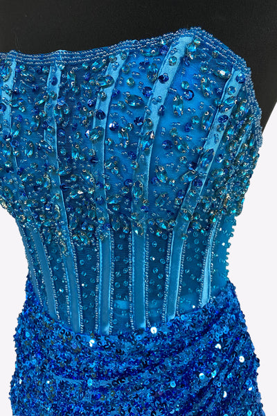 Bodycon Strapless Blue Sequins Short Homecoming Dresses with Beading VL24081404