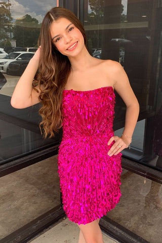 Bodycon Strapless Fuchsia Sequins Short Homecoming Dresses VL24081402