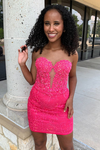 Bodycon Strapless Fuchsia Tight Short Homecoming Dresses with Appliques VL24090305