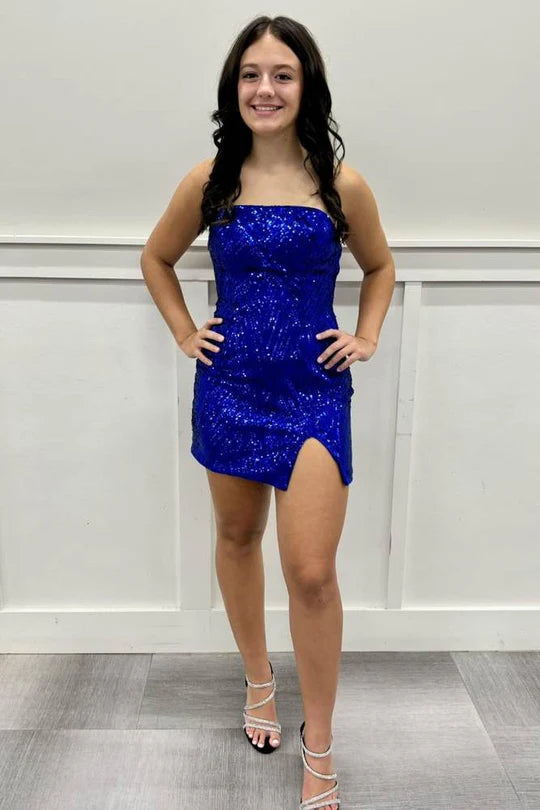 Bodycon Strapless Royal Blue Sequins Short Homecoming Dresses with Slit VL24081502