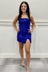 Bodycon Strapless Royal Blue Sequins Short Homecoming Dresses with Slit VL24081502
