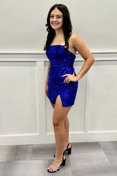 Bodycon Strapless Royal Blue Sequins Short Homecoming Dresses with Slit VL24081502
