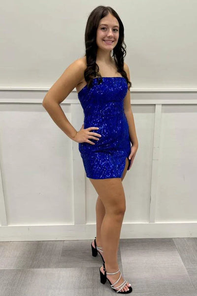 Bodycon Strapless Royal Blue Sequins Short Homecoming Dresses with Slit VL24081502