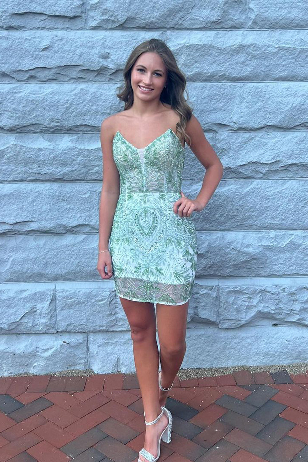 Bodycon Strapless Sage Green Sequins Lace Tight Short Homecoming Dresses VL24082902