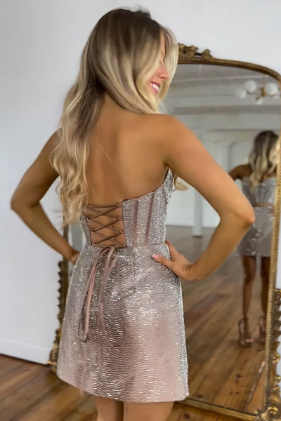 Bodycon Sweetheart Champagne Beaded Sheath Short Homecoming Dresses VL24090402