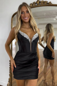 Bodycon V Neck Black Satin Short Homecoming Dress VL24083007