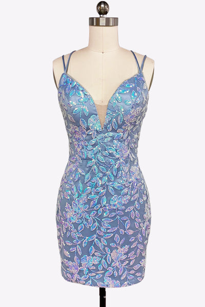 Bodycon V Neck Blue Sequins Lace Short Homecoming Dresses VL24081409