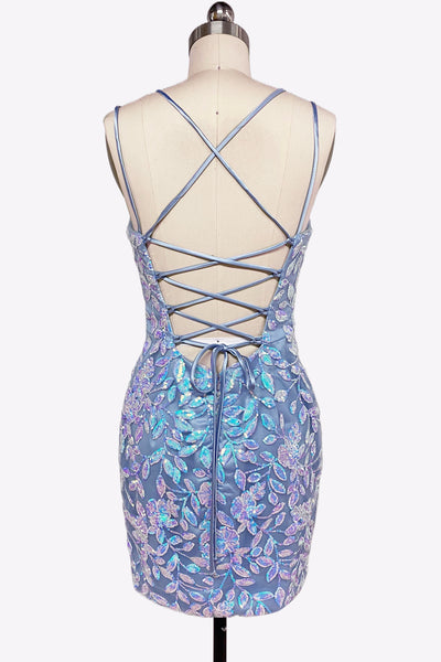 Bodycon V Neck Blue Sequins Lace Short Homecoming Dresses VL24081409