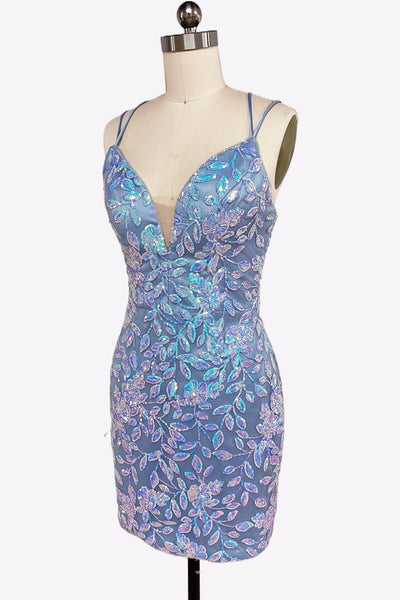 Bodycon V Neck Blue Sequins Lace Short Homecoming Dresses VL24081409