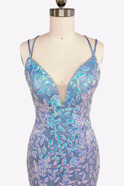 Bodycon V Neck Blue Sequins Lace Short Homecoming Dresses VL24081409