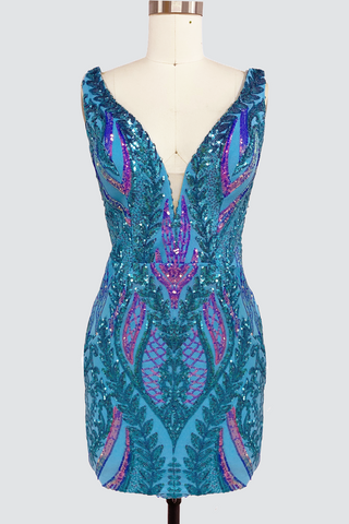 Bodycon V Neck Blue Sequins Short Homecoming Dresses VL24081403