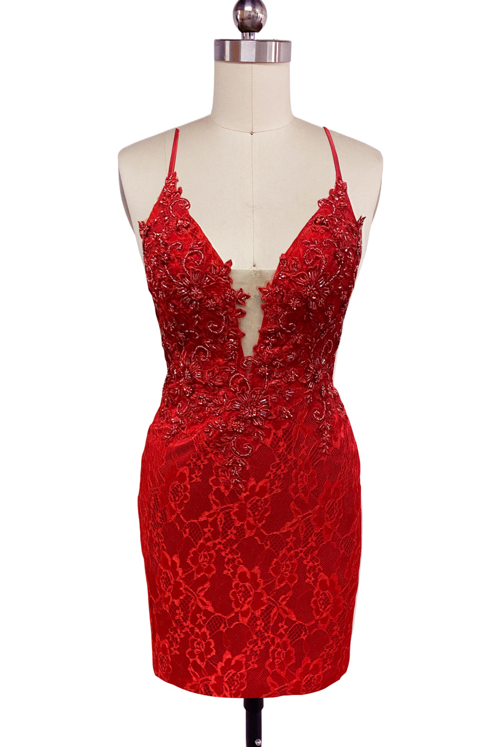Bodycon V Neck Red Lace Short Tight Homecoming Dresses VL24081410