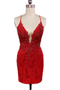Bodycon V Neck Red Lace Short Tight Homecoming Dresses VL24081410