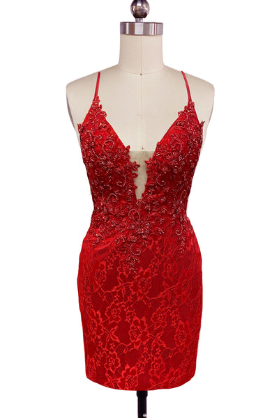 Bodycon V Neck Red Lace Short Tight Homecoming Dresses VL24081410