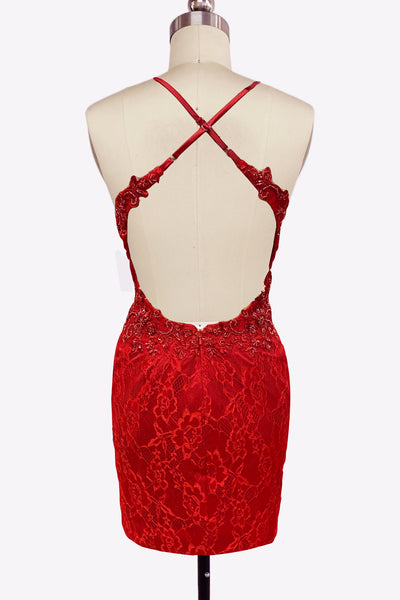 Bodycon V Neck Red Lace Short Tight Homecoming Dresses VL24081410