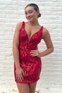 Bodycon V Neck Red Sequins Tight Short Homecoming Dresses VL24091101