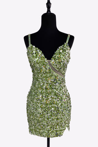 Bodycon V Neck Sage Green Sequins Short Homecoming Dresses VL24081406