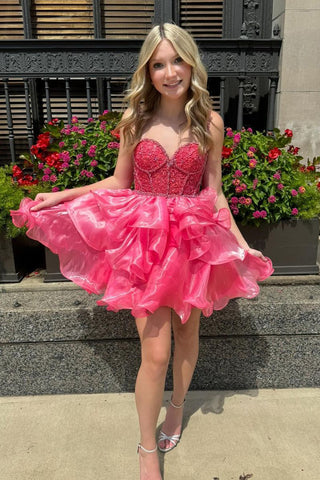 Cute A-Line Sweetheart Hot Pink Ruffle Tiered Short Homecoming Dresses VL24082901