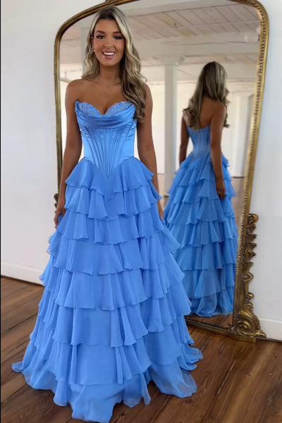 Cute A Line Sweetheart Floral Chiffon Tiered Prom Dress with Slit VL25102