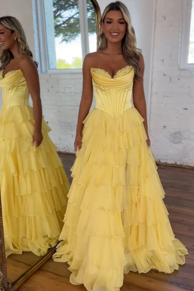 Cute A Line Sweetheart Floral Chiffon Tiered Prom Dress with Slit VL25102