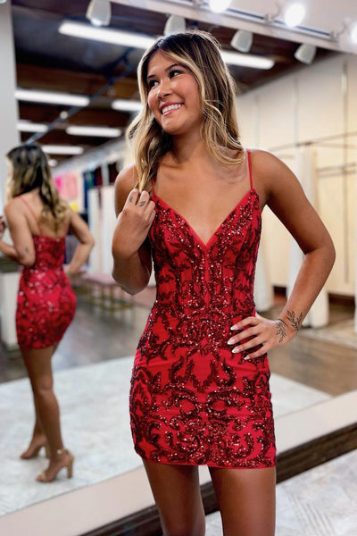 Cute Bodycon V Neck Dark Red Sequins Short Homecoming Dress VL122131-1