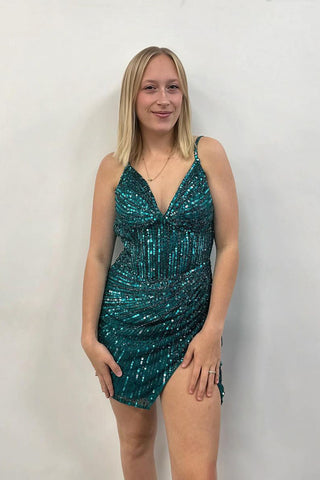 Dark Green V Neck Sequins Tight Short Homecoming Dresses VL24090204