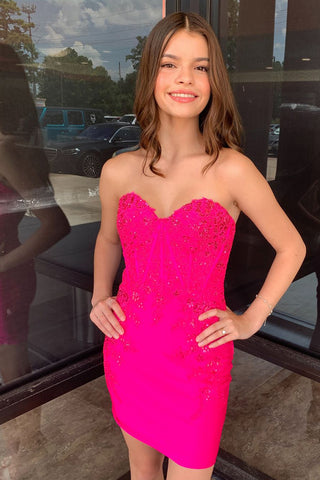 Fuchsia Sweetheart Satin Tight Homecoming Dresses with Appliques VL24082801