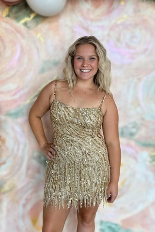 Gold Sequins Spaghetti Straps Tight Short Homecoming Dresses VL24082701